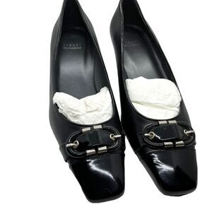 Stuart Weitzman Wedge Heels Silver Buckle Black Leather Librarian Secretary Chic